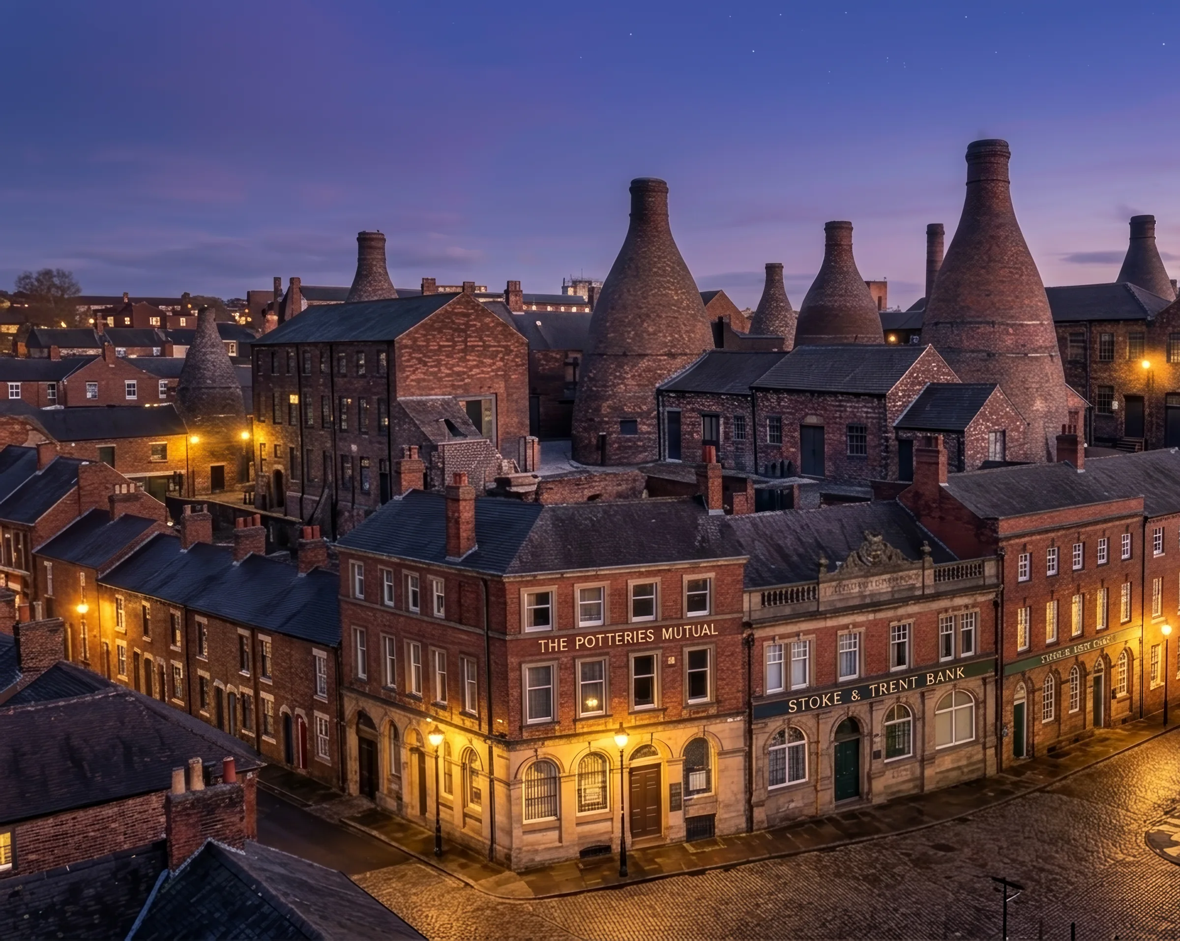 Stoke-on-Trent's historic pottery quarter at dusk — bottle kilns above brick shopfronts, an illustrative render of the Potteries.
