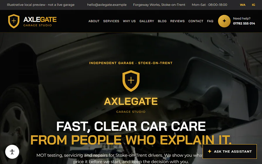 The Axlegate garage hero, with a fast-clear-car-care headline, local vehicle imagery and an MOT-service direction