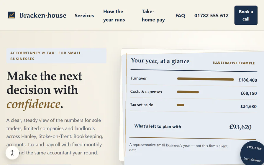 The Brackenhouse accountants hero, with a confident-next-decision headline and a bright local professional identity