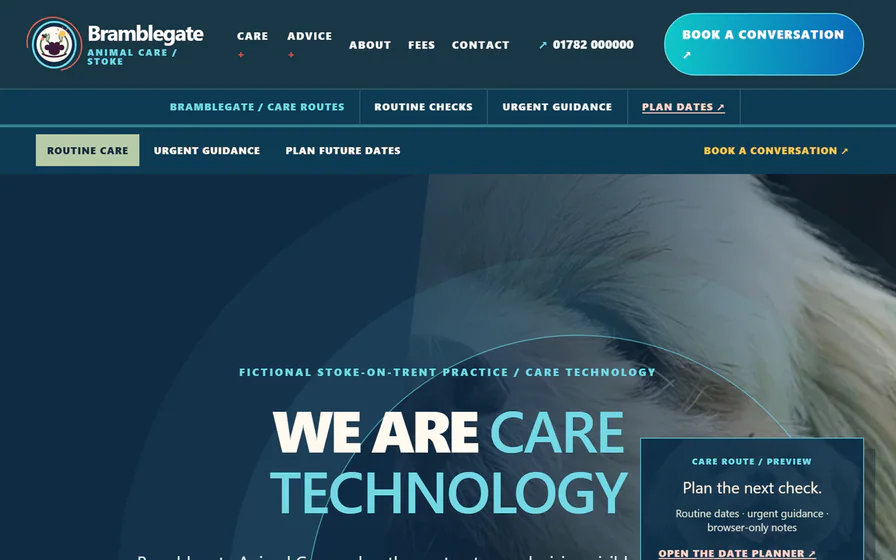 The Bramblegate Animal Care hero, with the authored paw-and-bramble mark, the ‘WE ARE CARE TECHNOLOGY’ proposition and animal-care identity