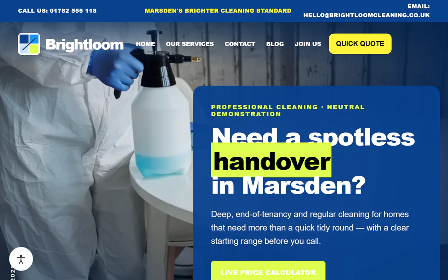 The Brightloom cleaning hero, with a spotless-handover headline, local service identity and cleaning imagery