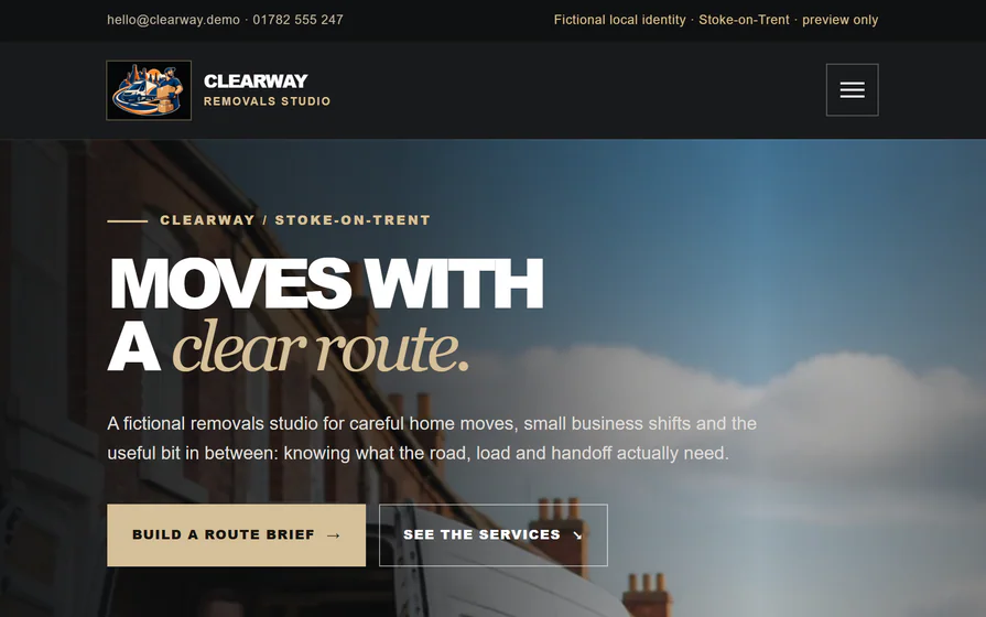 The Clearway removals hero, with the original trade mark, a Stoke street-and-van photograph and the route-readout panel