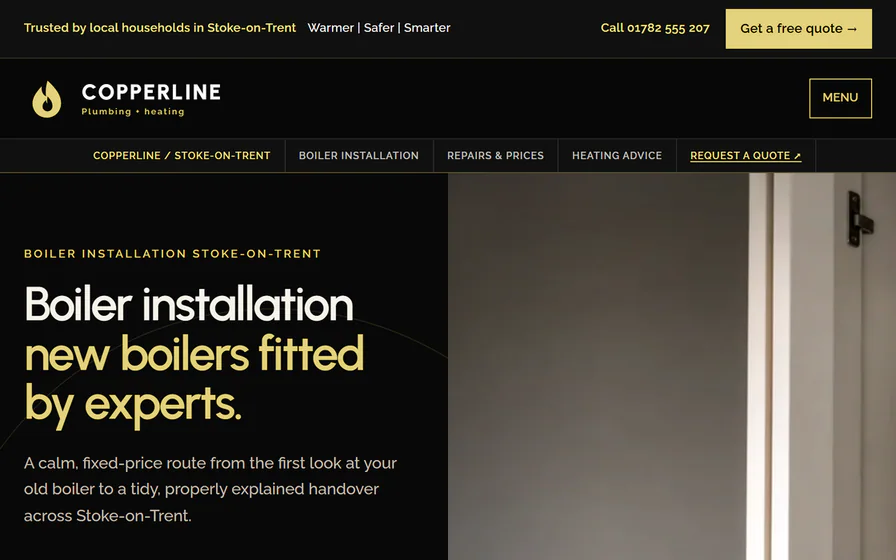 The Copperline boiler-installation hero, with the black-and-gold identity, ‘Boiler installation’ headline and boiler-service photograph