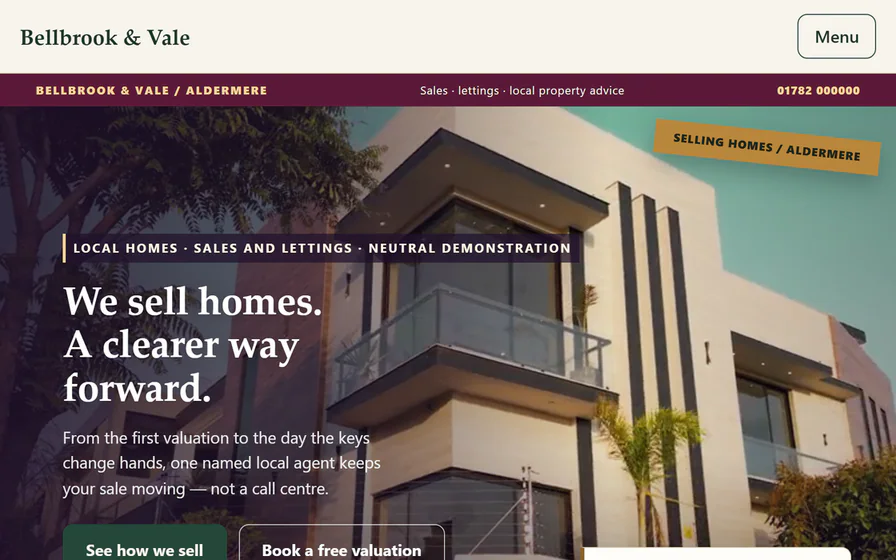 The Bellbrook & Vale estate-agency hero, with the ‘We sell homes. A clearer way forward.’ headline and property photography