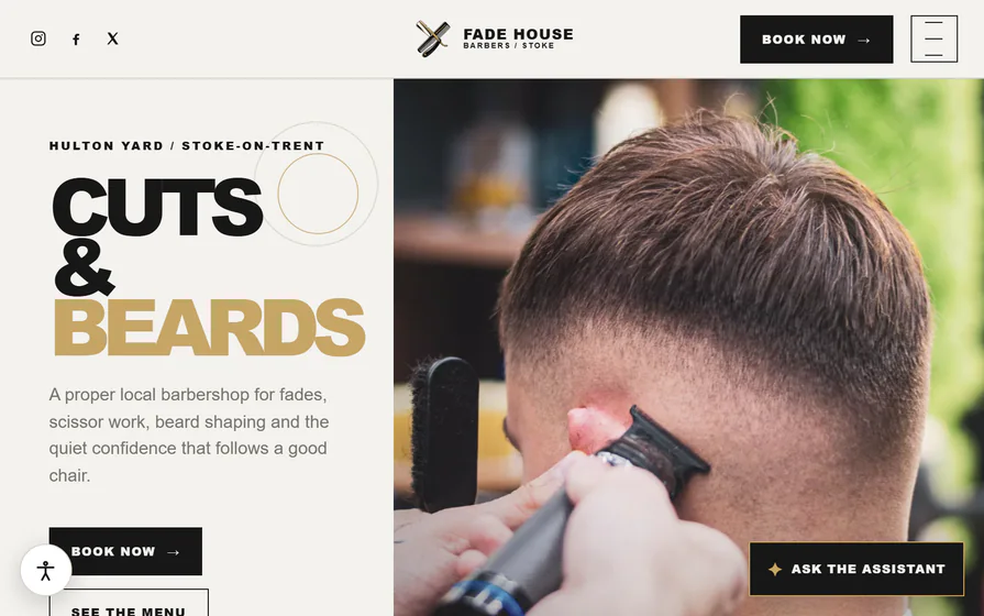 The Fade House barber hero, with the original mark, bold cuts-and-beards headline and local trade imagery