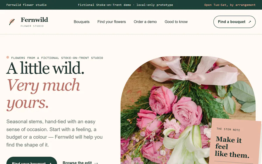 The Fernwild florist hero, with a little-wild headline, bouquet photography and a local flower-delivery identity