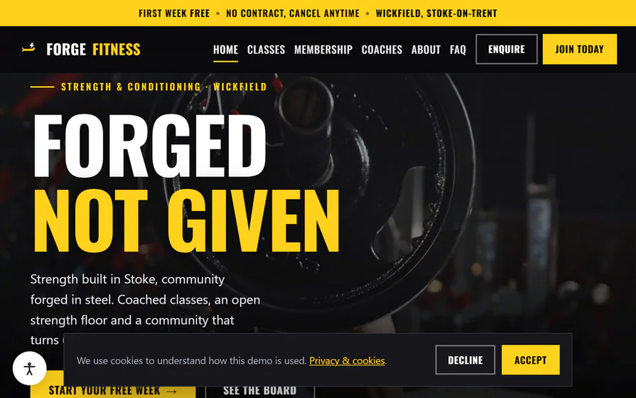 The Forge Fitness hero, with a high-contrast forged-not-given training headline and gym identity