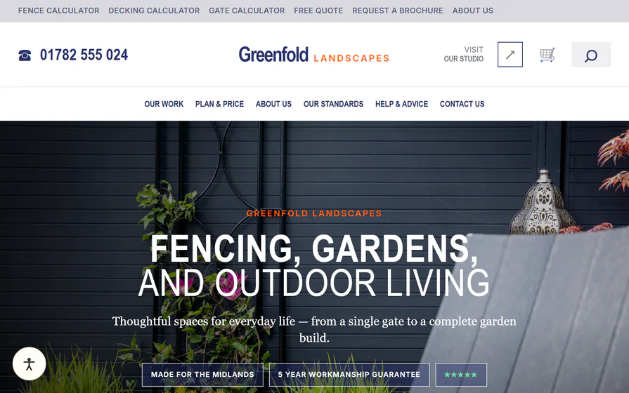 The Greenfold landscaping hero, with a fencing-and-gardens headline and local outdoor-living imagery