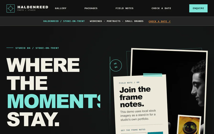 The Haldenreed photography hero, with the ‘Where the moments stay.’ headline and couple photography