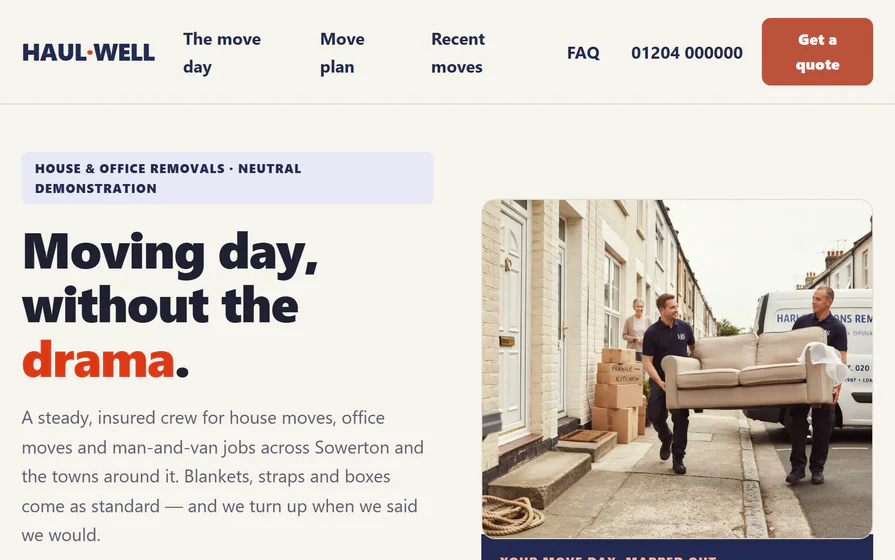 The Haulwell removals hero, with a moving-day headline, local removals identity and moving photography