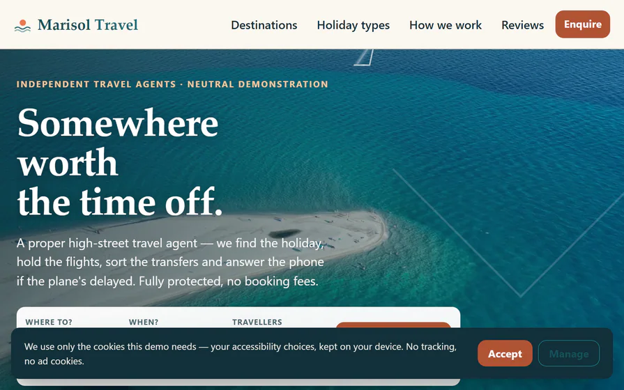 The holiday-let hero, with the fictional destination identity, accommodation photography and a bold somewhere-worth-the-time-off headline