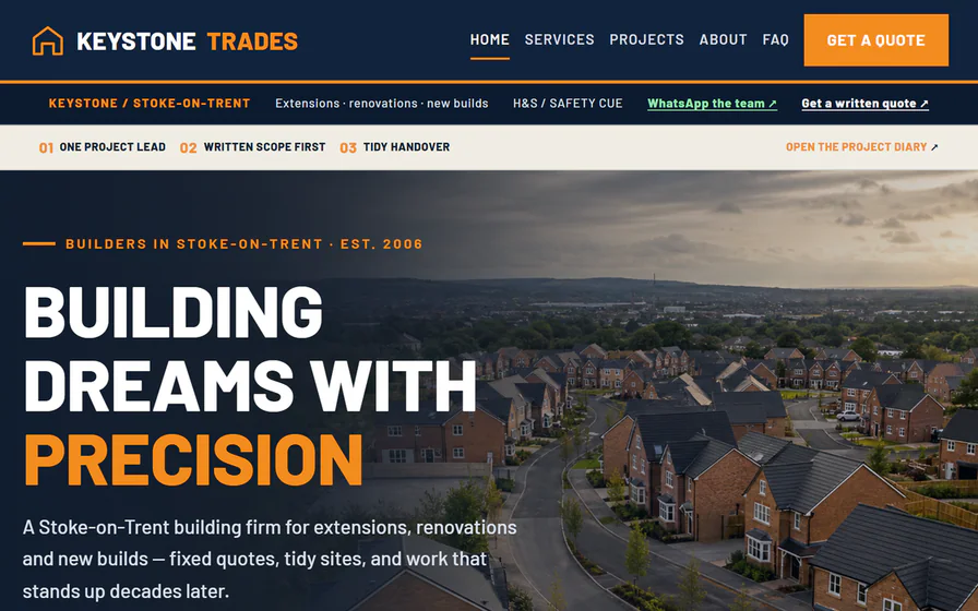 The Keystone Trades builders hero, with the ‘Building Dreams with Precision’ headline, navy-and-orange identity and aerial project image