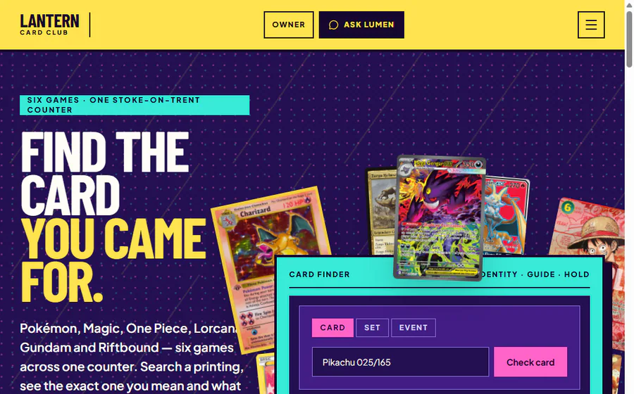 The Lantern Card Club demo homepage, showing the card/set/event search panel with a card name typed in, beside the “Find the exact printing” headline