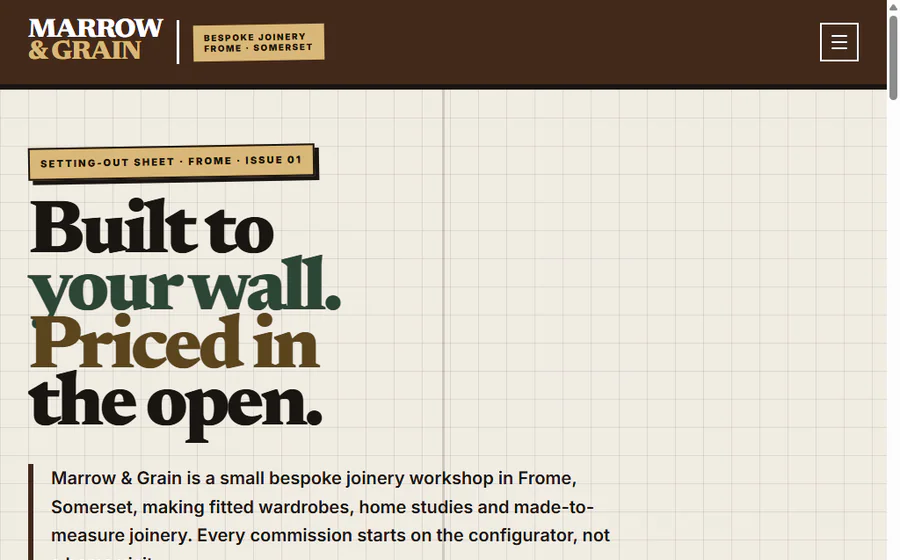 The Marrow & Grain demo homepage after the bespoke rebuild: a serif headline over the configurator's finish photograph, spec plate and live price band