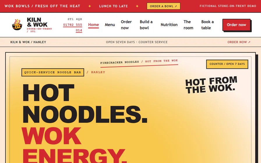 The KILN & WOK restaurant hero, with the ‘Hot noodles. Wok energy.’ headline, canteen mark and food photography