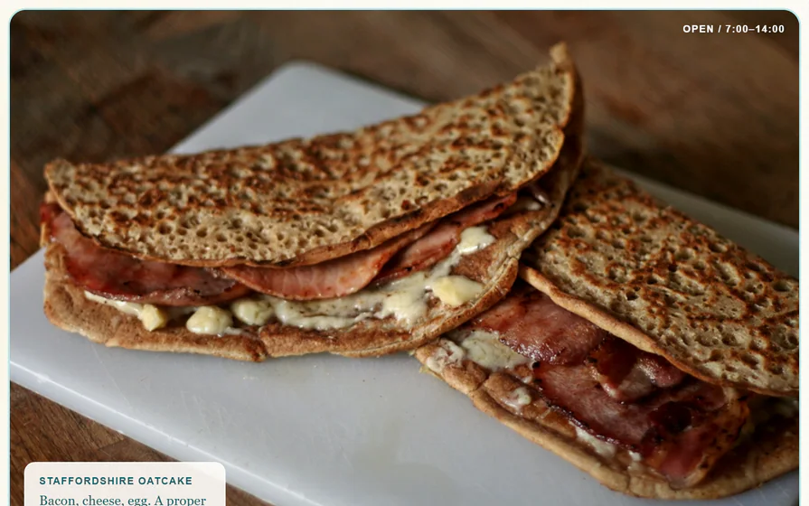 The Rye & Rasher breakfast-shop hero, with the original wordmark, Staffordshire oatcake photography and a warm Stoke counter identity