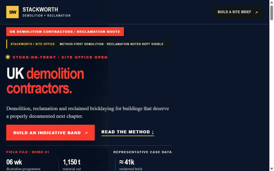 The Stackworth demolition and reclamation hero, with the UK demolition contractors headline and Take-Down Reckoner direction