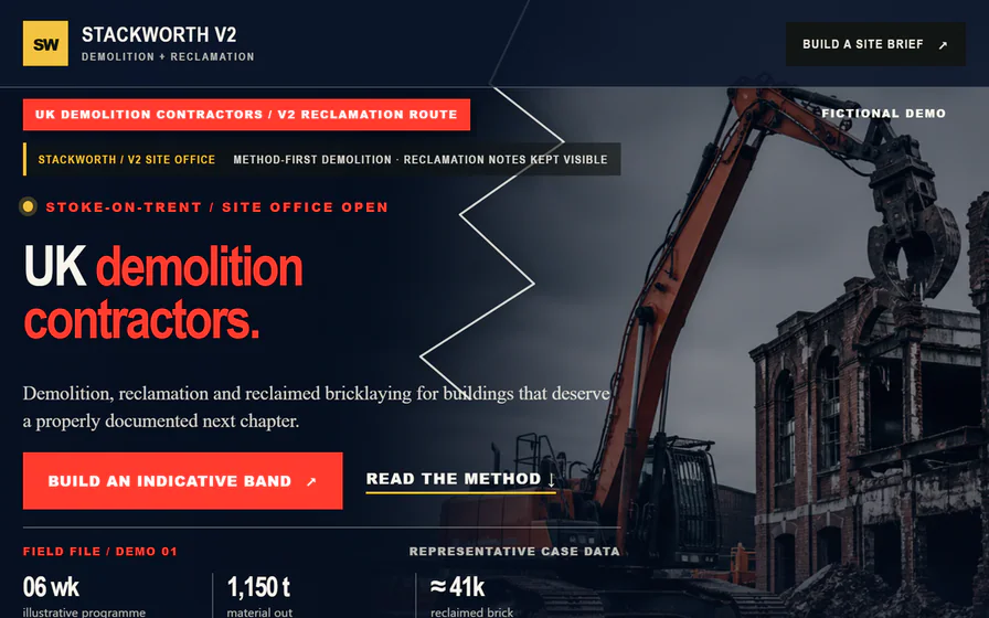 The Stackworth V2 blue/red demolition and reclamation hero, with the UK demolition contractors headline and Take-Down Reckoner direction