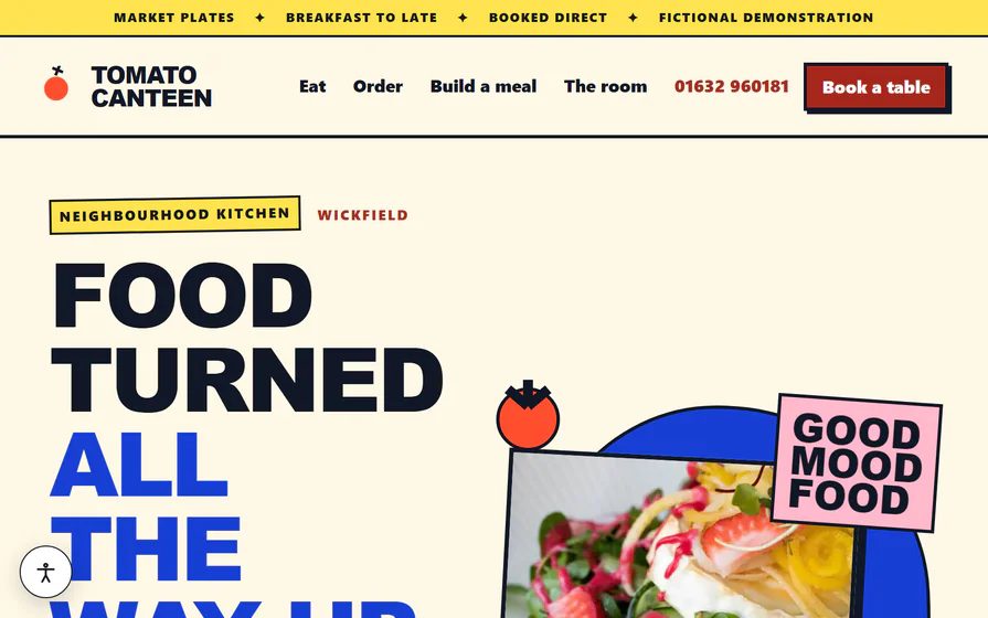 The Tomato Canteen restaurant hero, with a bold food-led headline, colourful local plate photography and the fictional neighbourhood-kitchen identity