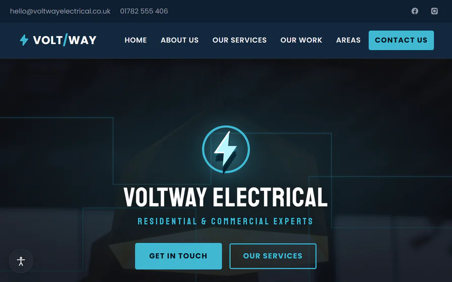 The Voltway Electrical hero, with the trade identity, service promise and local electrical project imagery