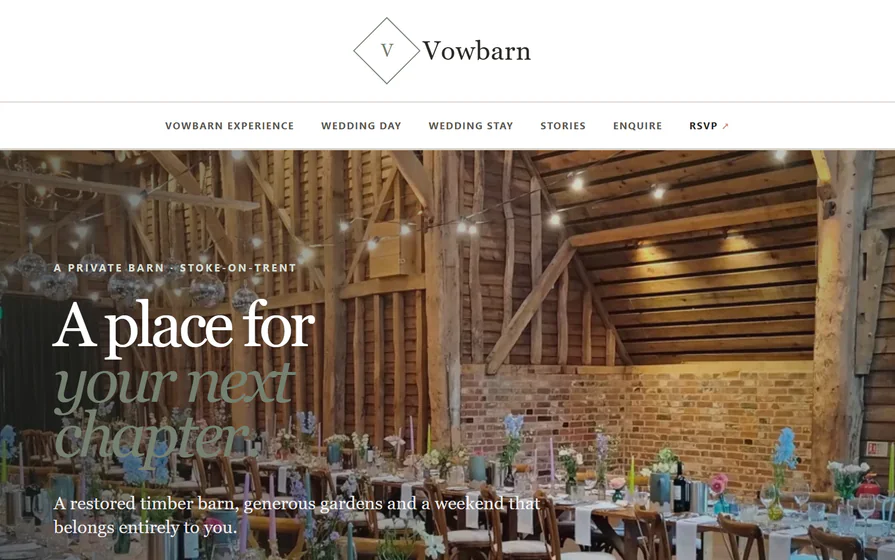 The Vowbarn events hero, with a place-for-your-next-chapter headline and warm wedding-venue photography