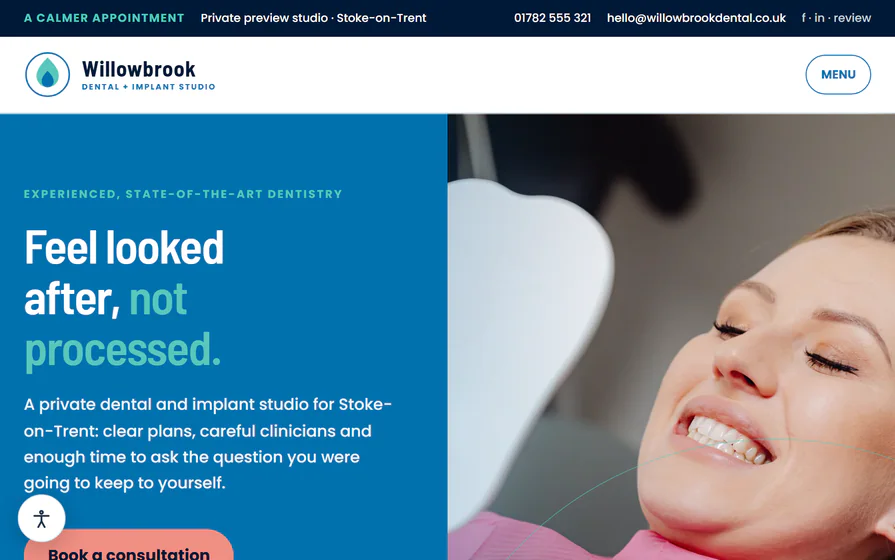 The Willowbrook clinic hero, with a calm feel-looked-after headline, local identity and care imagery