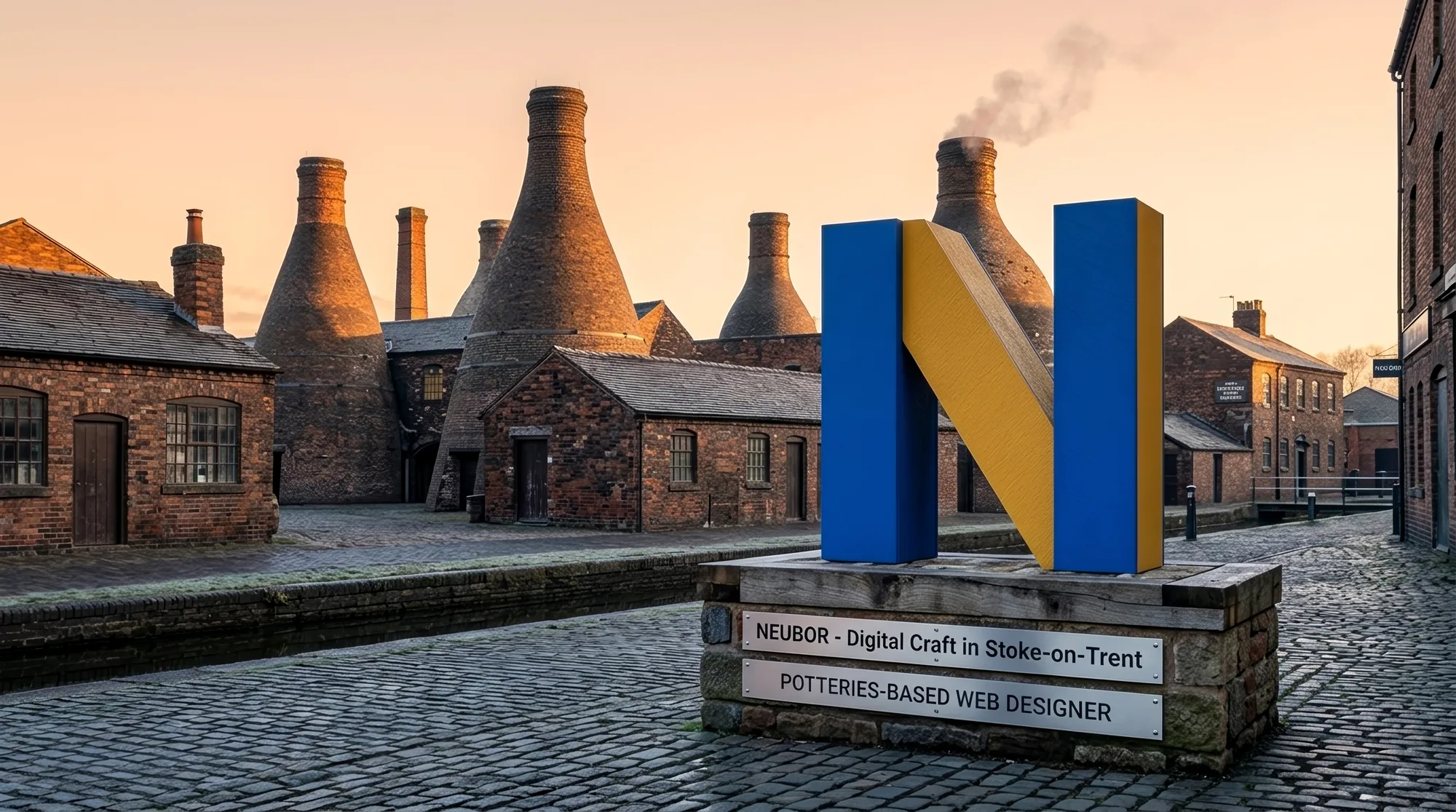 The blue-and-gold Neubor “N” standing as a monument on a cobbled Potteries street among Stoke-on-Trent's brick bottle kilns at golden hour, beneath plaques reading “Neubor — Digital Craft in Stoke-on-Trent” and “Potteries-based web designer”.