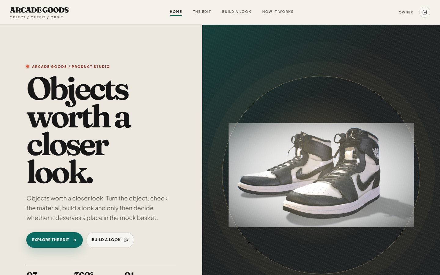 Local Arcade Goods Product Studio demonstration showing an editorial product page with a pair of shoes and build-a-look actions