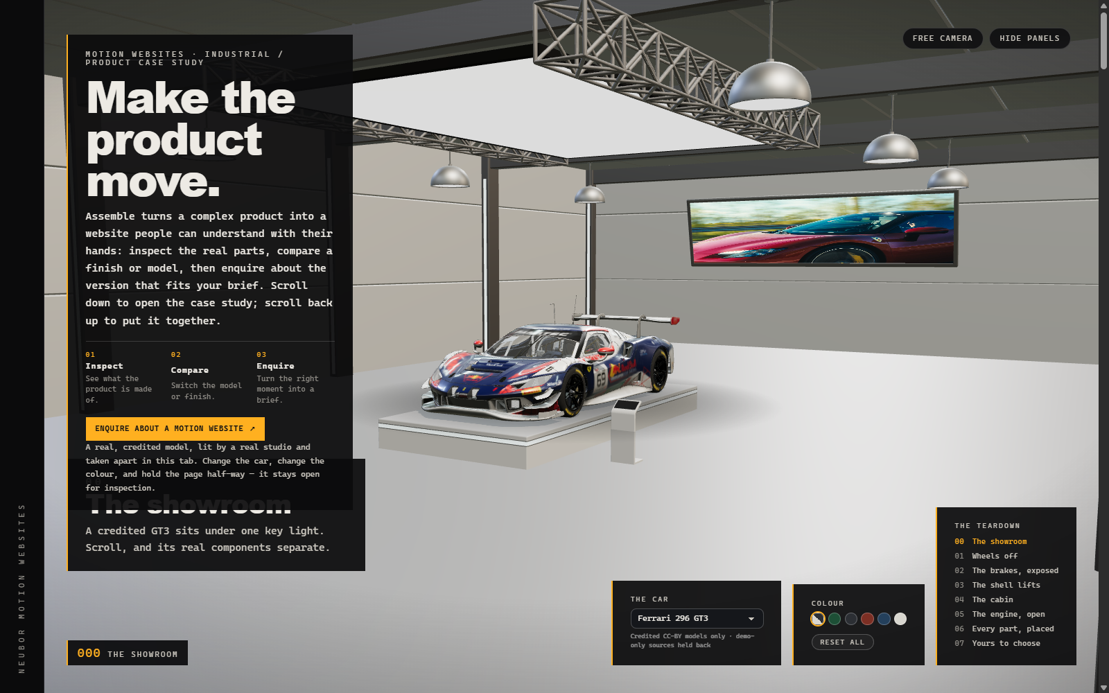 Neubor's Assemble motion website demonstration showing a credited GT3 in the furnished showroom
