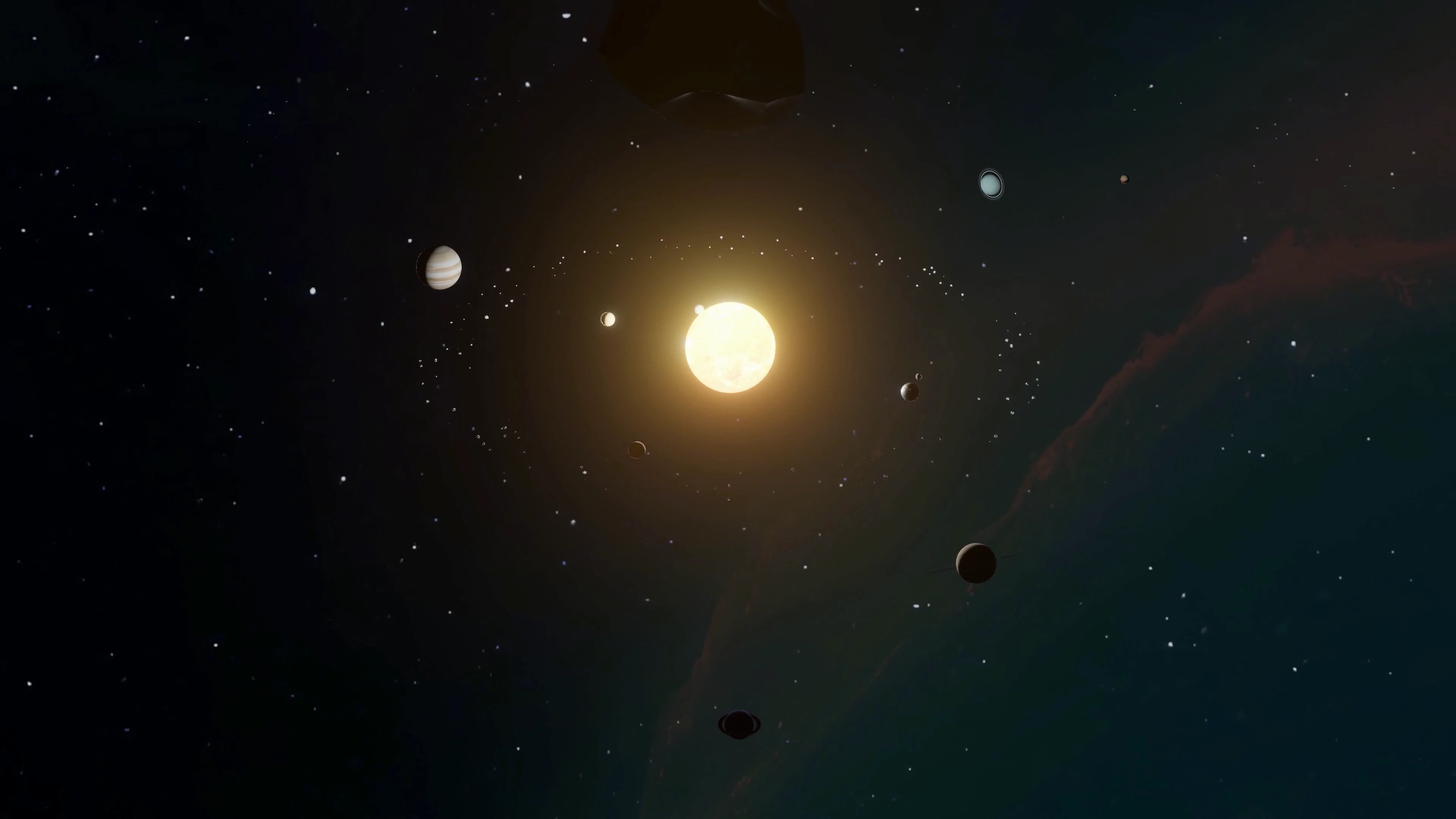 Solar Observatory motion website preview showing a glowing solar system with orbit labels and a focus control rail