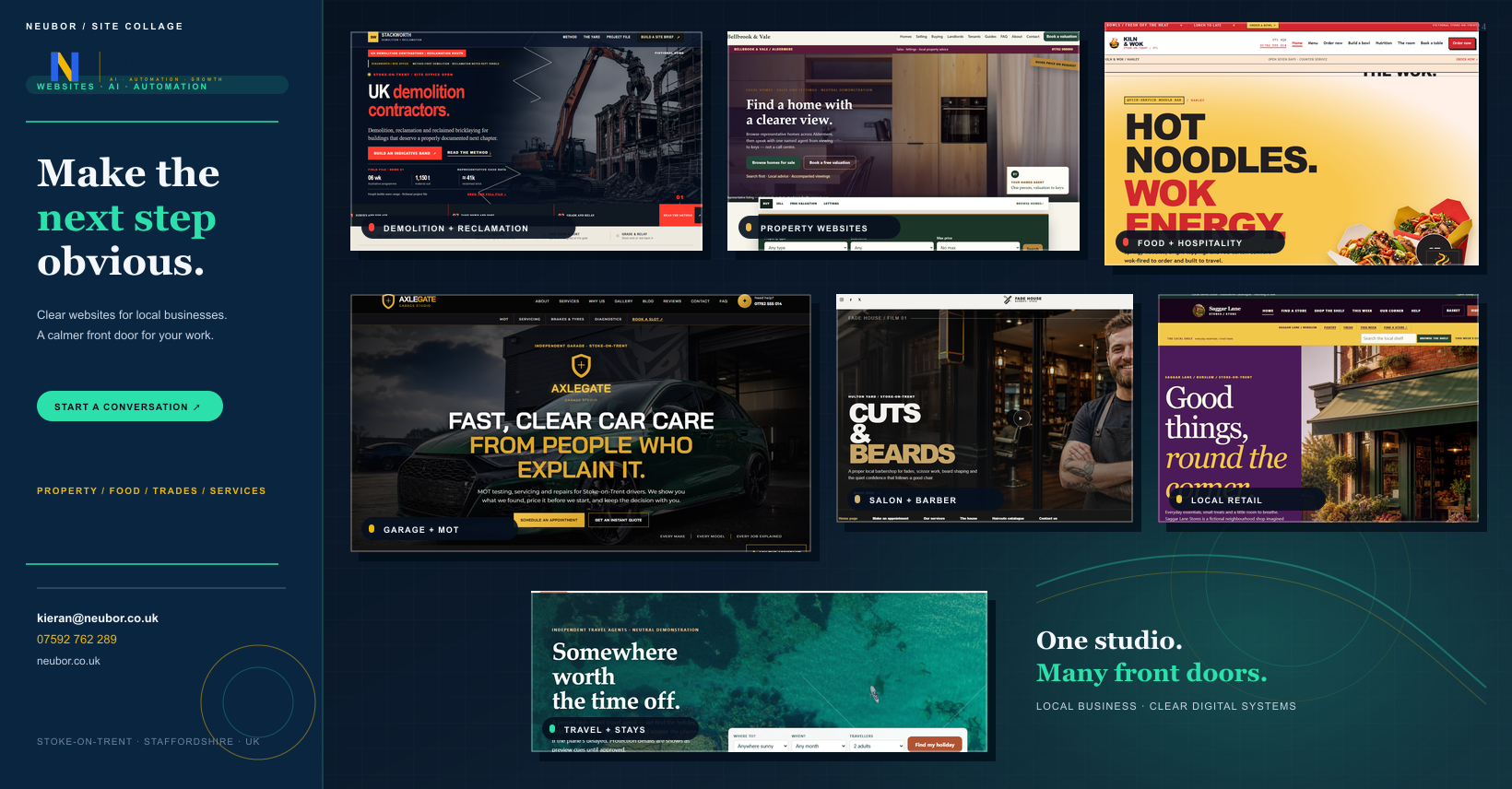 A fresh Neubor site collage showing seven recaptured demo homepages, including Stackworth, Estate Listing, Redbrick, Axlegate, Fade House, Saggar and Holiday Let.