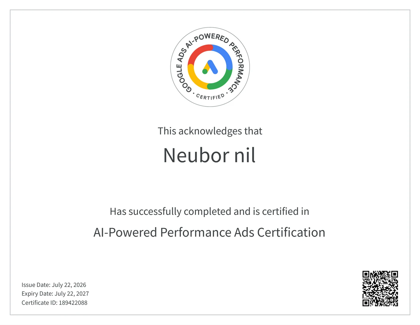 AI-Powered Performance Ads Certification certificate issued to Neubor by Google