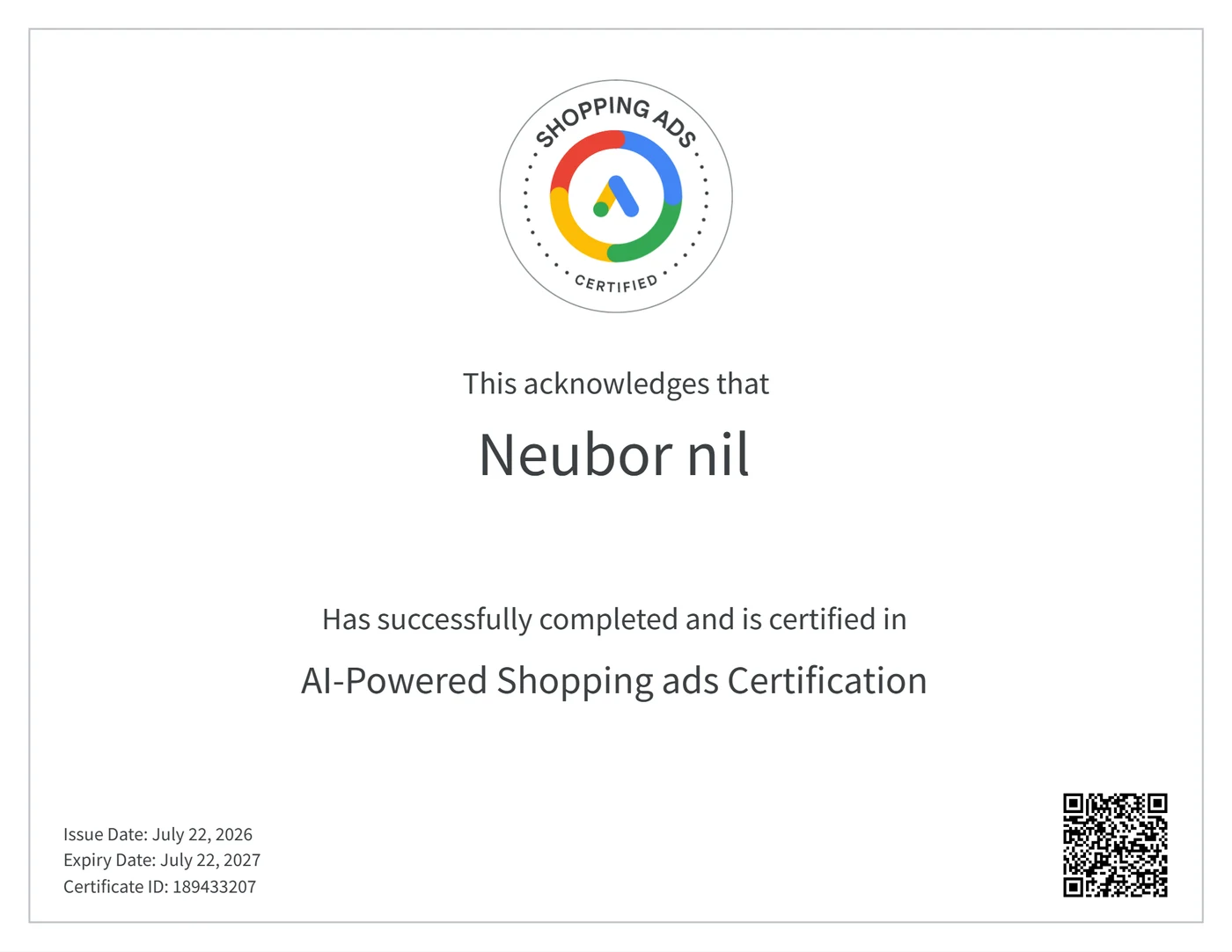 AI-Powered Shopping ads Certification certificate issued to Neubor by Google