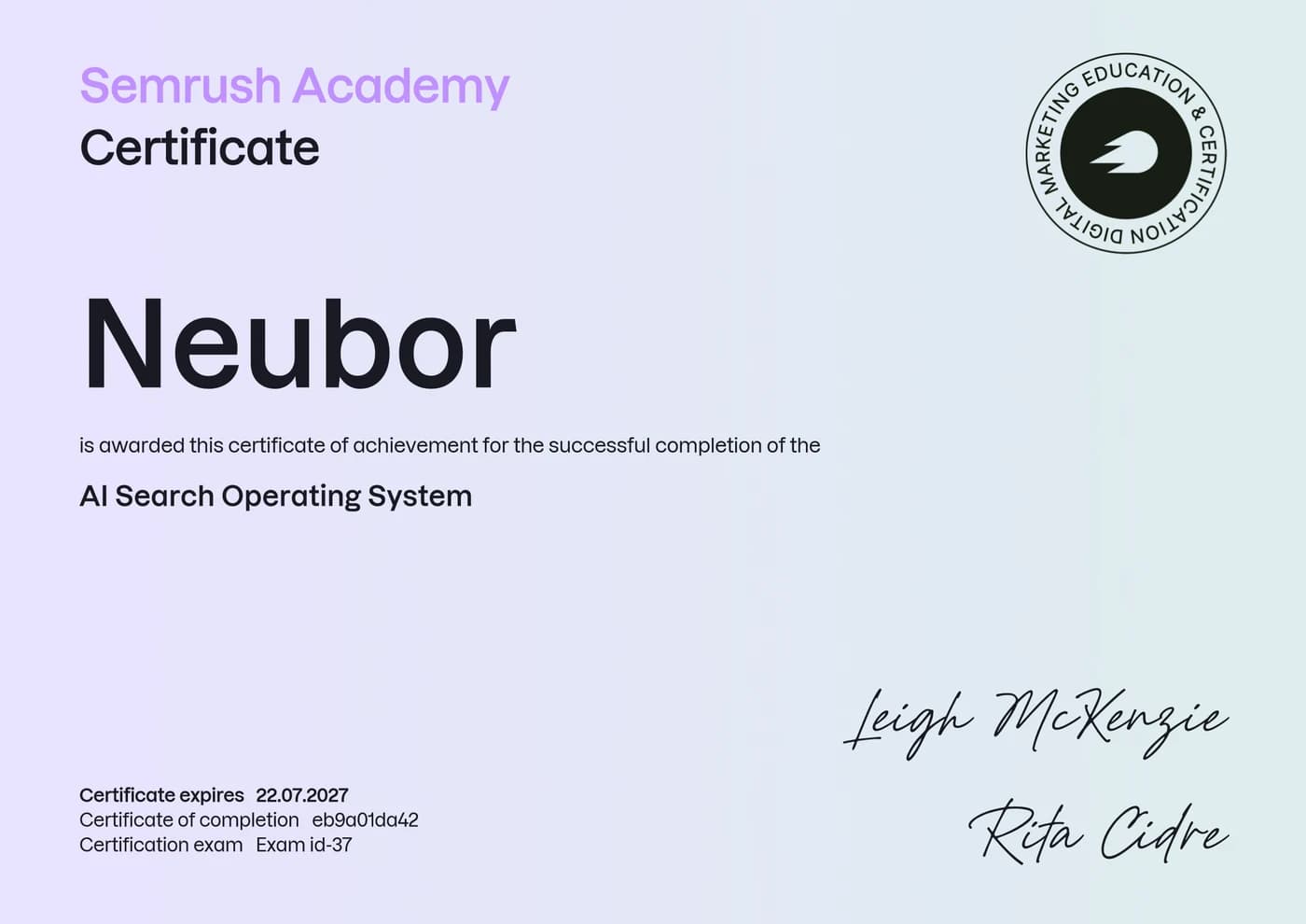 AI Search Operating System certificate issued to Neubor by Semrush