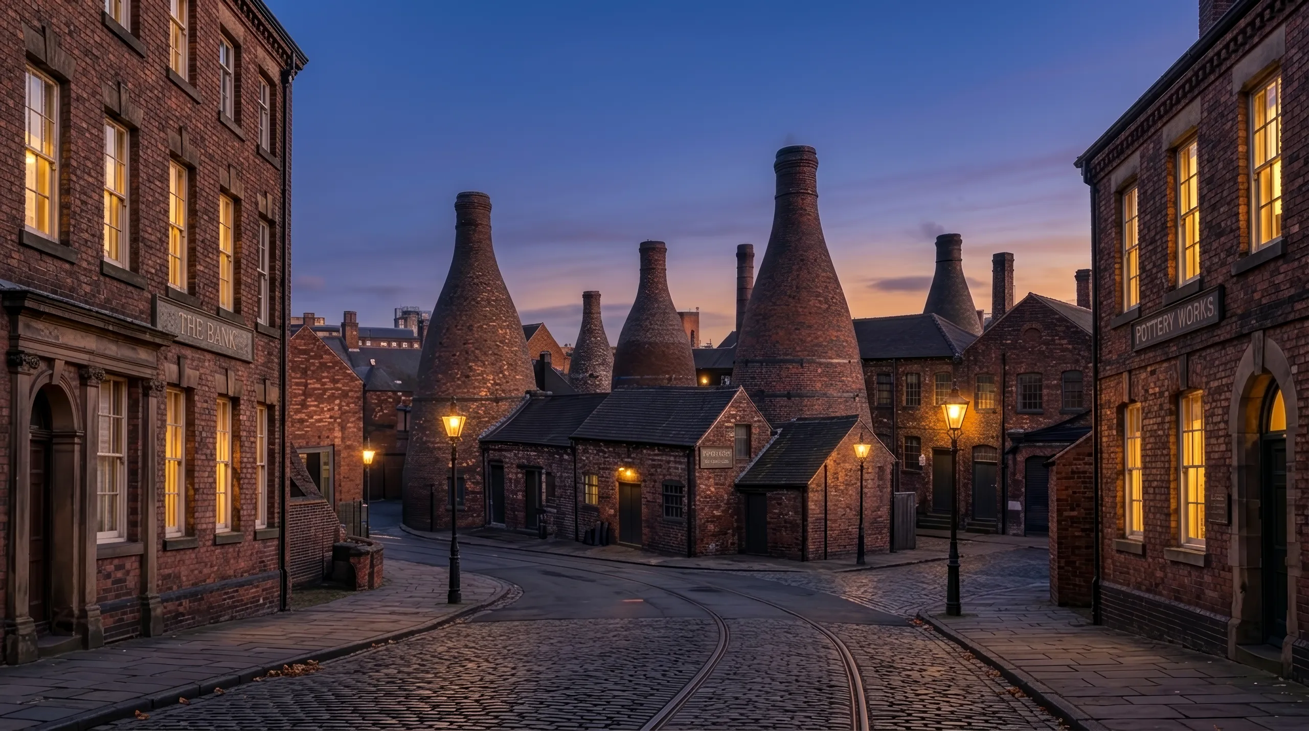 The bottle kilns of Stoke-on-Trent — the Potteries — lit at dusk, an illustrative render of the city's pottery heritage.