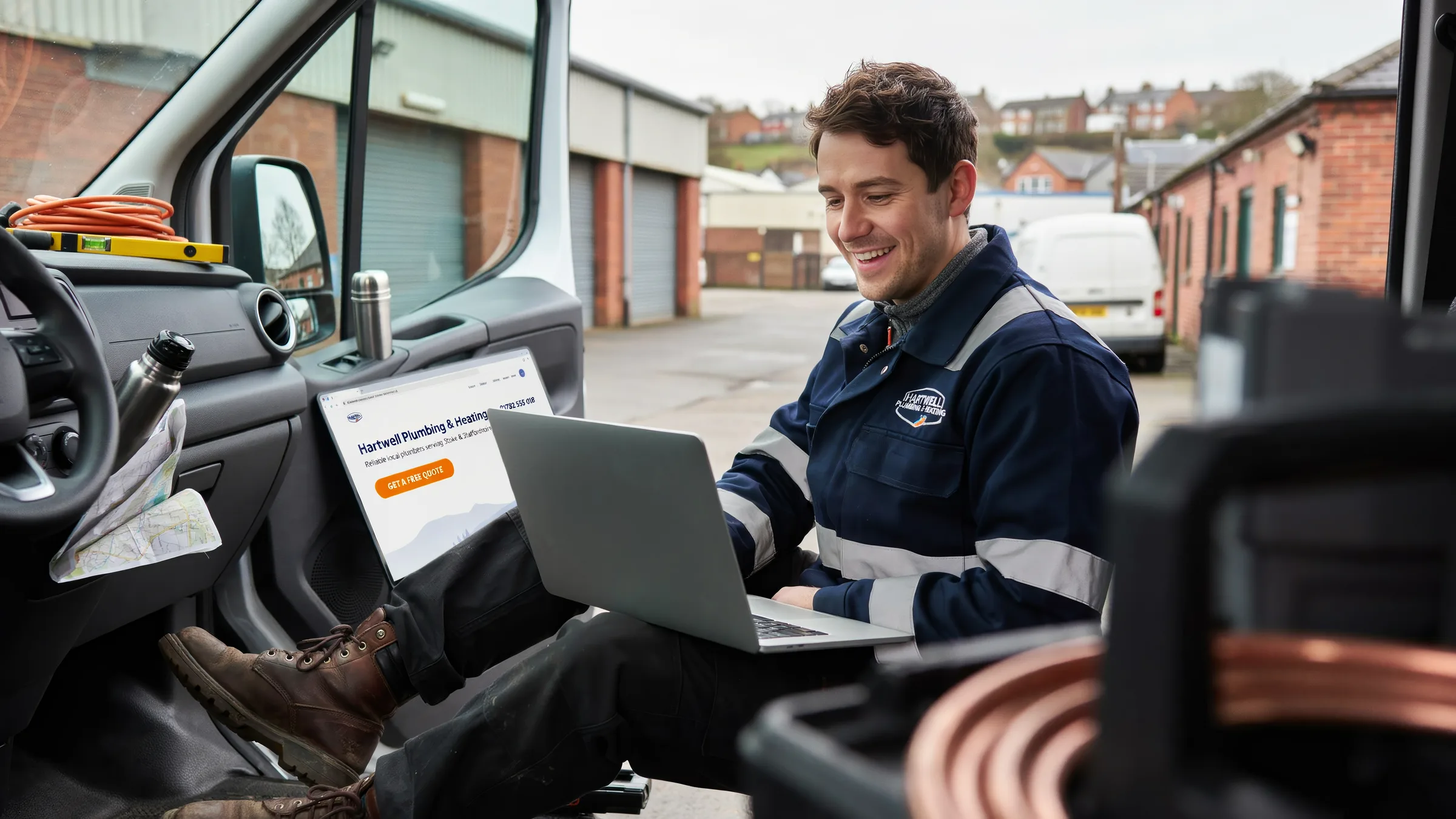 A smiling tradesperson sitting in his van with a laptop, looking at his own new plumbing-business website with a 'Get a free quote' button, in a Stoke-on-Trent industrial yard.