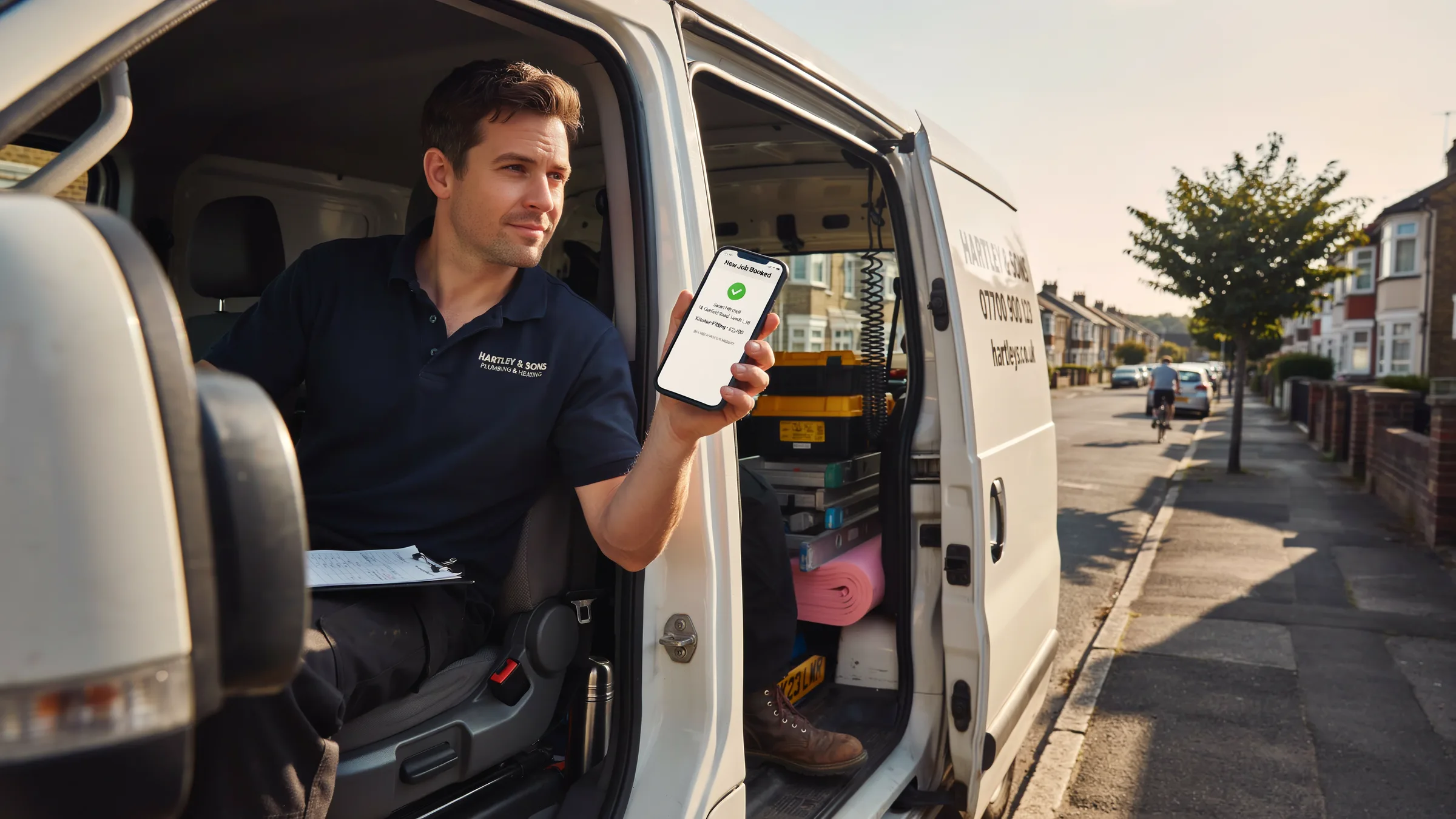 A tradesperson sitting in the door of his work van on a sunny street, holding up his phone which shows a 'New Job Booked' notification.