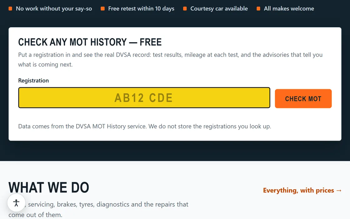 The garage demo's free MOT-history lookup, with a registration plate typed into the field and a Check MOT button beside it