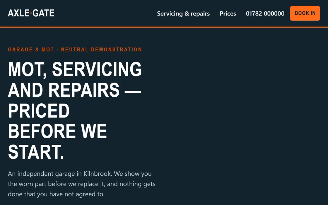 The Garage & MOT demo homepage, captured from the running site