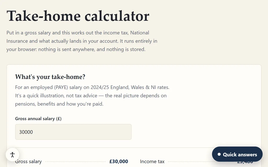 The accountancy demo's take-home pay calculator, with a gross salary entered and the income tax being worked out beneath it