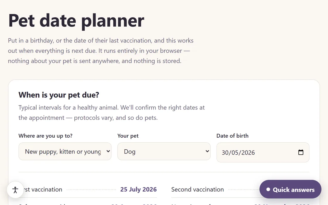 The veterinary demo's pet date planner, with pet type, age and date of birth entered and the first and second vaccination dates calculated