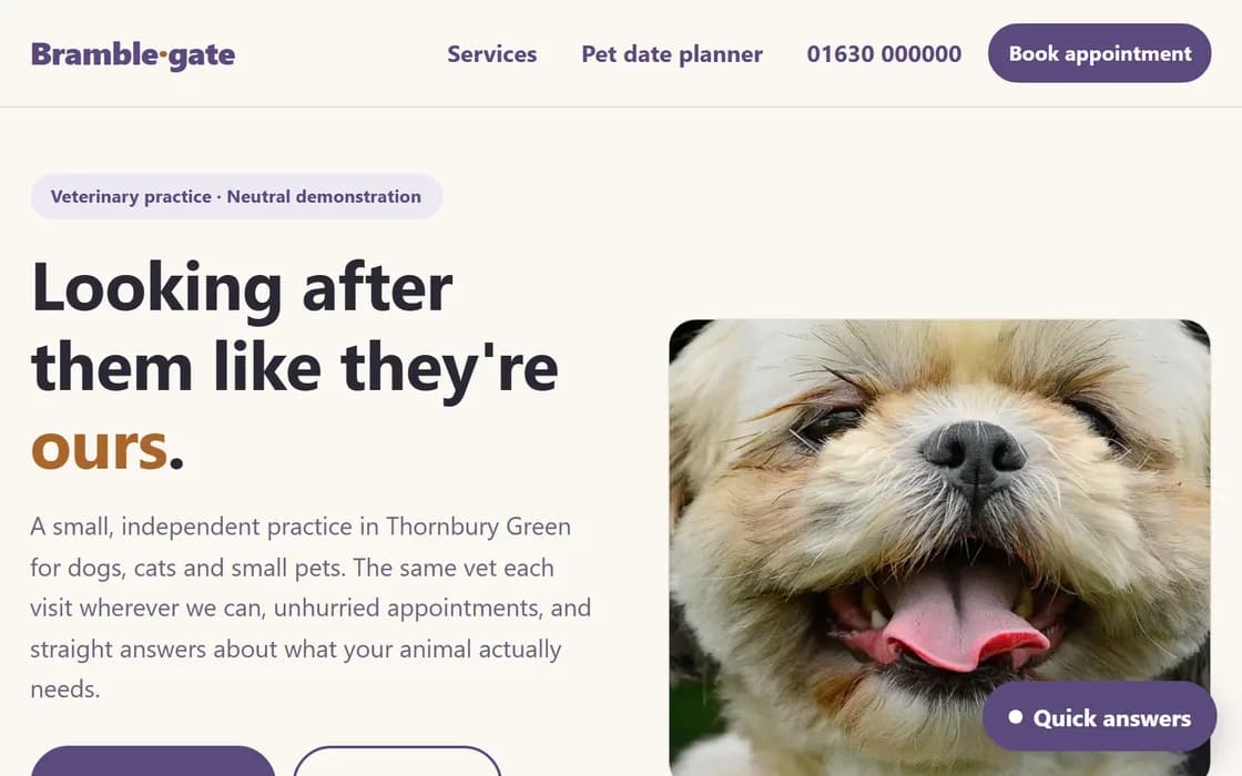 The Veterinary demo homepage, captured from the running site