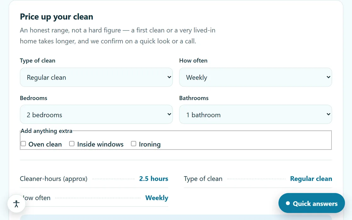 The cleaning demo's instant-quote calculator, with type of clean, frequency, bedrooms, bathrooms and extras set, and a live cleaner-hours estimate underneath