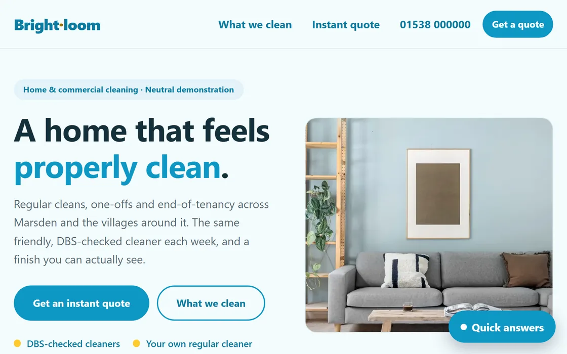 The Cleaning demo homepage, captured from the running site