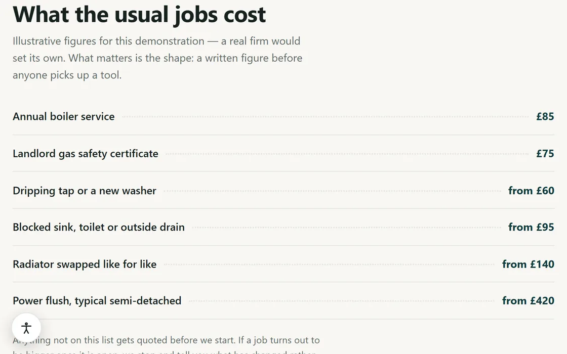 The plumbing demo's published price list, showing set prices for an annual boiler service, a dripping tap, a blocked sink and a power flush