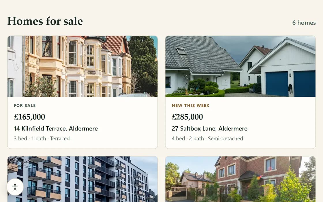 The estate agency demo's listing grid, showing four homes for sale with asking prices, bedroom counts and a 'new this week' marker
