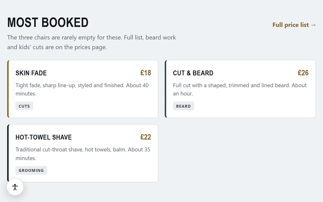 The barbershop demo's most-booked price list: a skin fade, a cut and beard and a hot-towel shave, each with a price and a duration