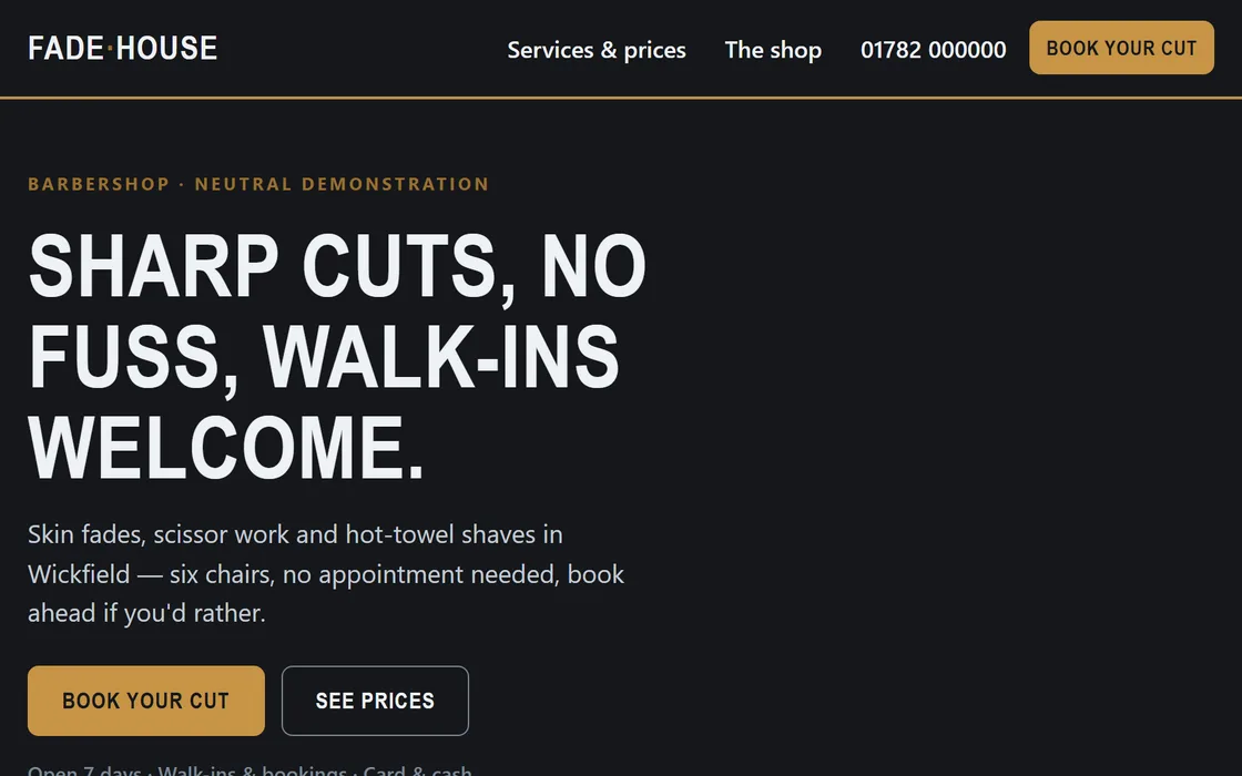 The Barber & salon demo homepage, captured from the running site