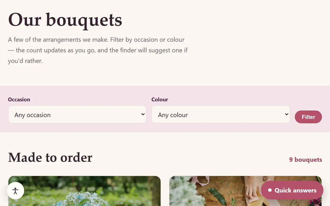The florist demo's bouquet finder, with occasion and colour filters above a made-to-order row of arrangements