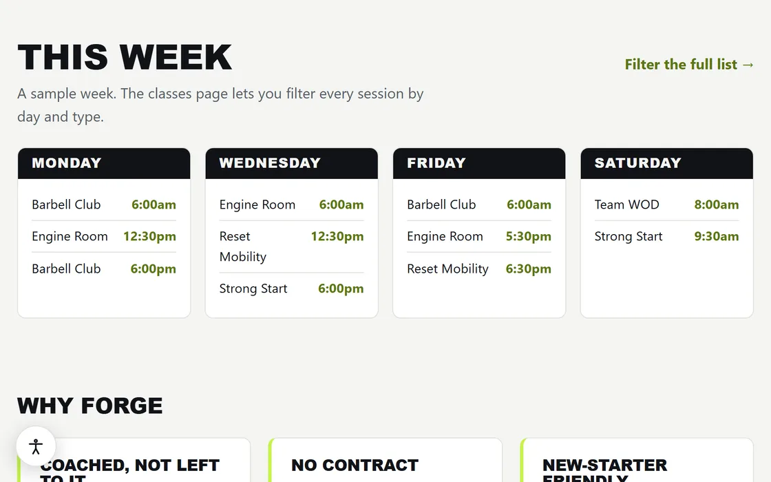The gym demo's weekly class timetable, laid out Monday to Saturday with class names and start times